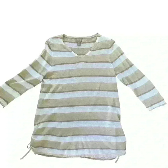 Chicos Lightweight Pullover V neck Sweater Size M Tan White Stripes Hip Ties - Picture 4 of 11